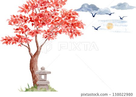 Asian landscape with red maple tree, stone lantern, sun, clouds and birds. Watercolor illustration inspired by Japanese zen garden nature, calm oriental scene with copy space for spa, wellness design Asian landscape with red maple tree, stone lantern, sun, clouds and birds. Watercolor illustration inspired by Japanese zen garden nature, calm oriental scene with copy space for spa, wellness design 138022980