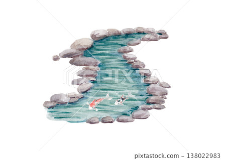 Mountain stream with stones and clear water, koi fish swimming in tranquil spring. Watercolor landscape illustration isolated on white, nature element for zen themes, spa design, peaceful backgrounds Mountain stream with stones and clear water, koi fish swimming in tranquil spring. Watercolor landscape illustration isolated on white, nature element for zen themes, spa design, peaceful backgrounds 138022983