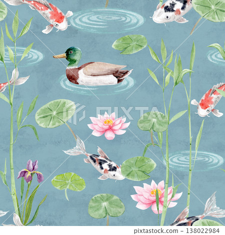 Seamless watercolor pattern with koi fish, duck, lotus flowers, bamboo, lily pads on blue pond background. Asian zen garden inspired design for textile, wallpaper, wrapping paper, stationery, pattern 138022984