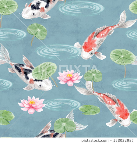 Seamless koi fish watercolor pattern with lotus flowers, lily pads, water ripples. Japanese carp, repeating pond background on blue background for textile, wallpaper, wrapping, packaging, design 138022985