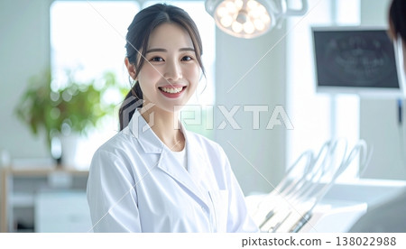 A portrait of a young female dentist smiling and greeting patients in her dental clinic's examination room. 138022988