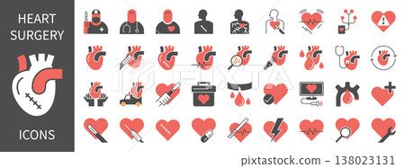 Heart surgery solid or glyph icons set. Medical cardiology, surgical procedure, heart transplant, and medical healthcare vector symbols. 138023131