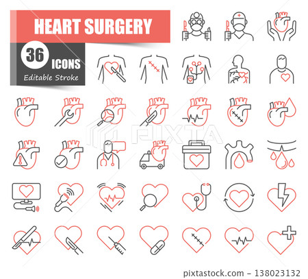 Heart surgery thin color line icons set. Medical cardiology, surgical procedure, heart transplant, and medical healthcare linear vector symbols. 138023132