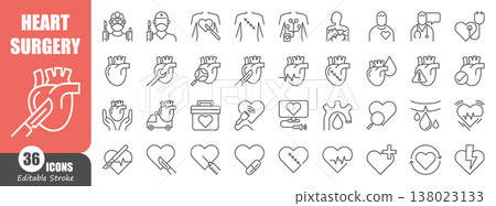 Heart surgery thin line icons set. Medical cardiology, surgical procedure, heart transplant, and medical healthcare linear vector symbols. 138023133