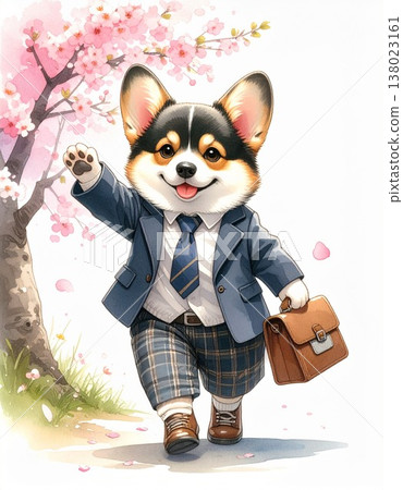 一隻黑褐色柯基犬快樂地走在櫻桃樹下——慶祝新生命的插圖5 / 傳單和海報素材 138023161