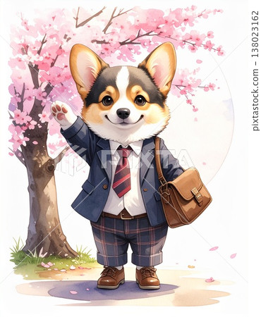 A black and tan Corgi happily walking under a cherry tree - Illustration 4 for celebrating a new life / Material for flyers and posters 138023162