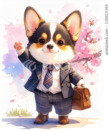 一隻黑褐色柯基犬快樂地走在櫻桃樹下——慶祝新生命的插圖2 / 傳單和海報素材 138023164