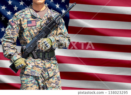 United States of America flag with soldier holding assault rifle United States of America flag with soldier holding assault rifle 138023295