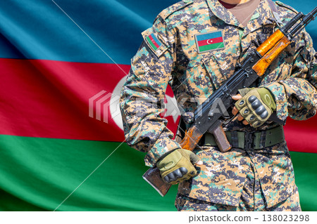 Azerbaijan flag with soldier holding assault rifle Azerbaijan flag with soldier holding assault rifle 138023298