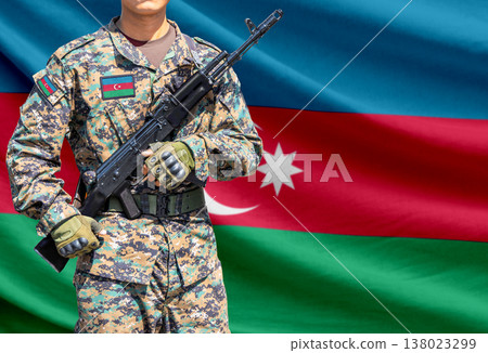 Azerbaijan flag with soldier holding assault rifle 138023299