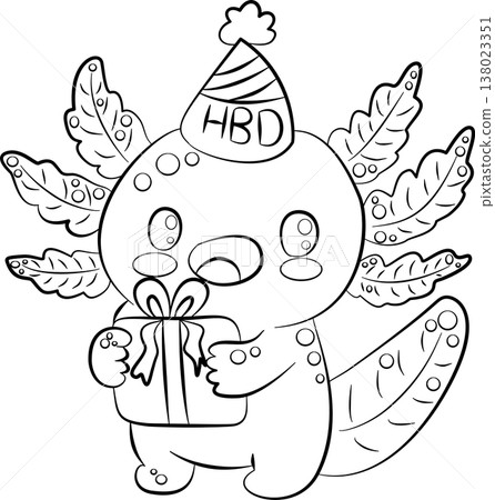 Kawaii Axolotl with Present and Birthday Hat Outline 138023351