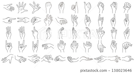50 Different Hand Expressions: Monochrome Line Drawing Vector Illustration Set 138023646