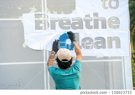 Blue Letters on Environmental Banner Blue Letters on Environmental Banner 138023733