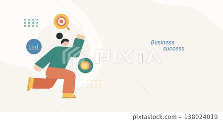Flat style illustration of a person running energetically toward a target with bar chart and coin icons, representing business success, goal achievement and growth concept. 138024019