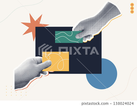 Trendy Halftone Collage style illustration of two hands placing colorful cards on a dark board, representing connecting ideas, creative thinking, brainstorm and collaboration concept. 138024024