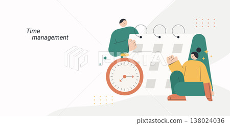 Flat style illustration of two diverse person interacting with a large clock and calendar grid, representing time management, scheduling, planning and productivity concept. Flat style illustration of two diverse person interacting with a large clock and calendar grid, representing time management, scheduling, planning and productivity concept. 138024036
