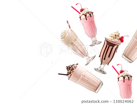 Multiple milkshakes with whipped cream shown isolated on white background, concept of sweet dessert treats Multiple milkshakes with whipped cream shown isolated on white background, concept of sweet dessert treats 138024062