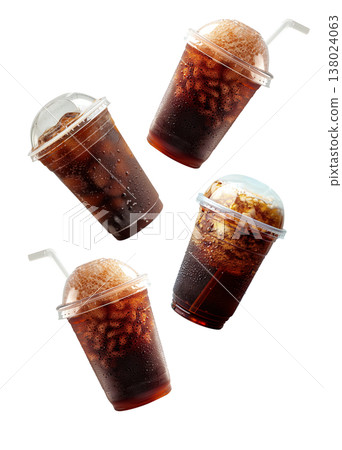 Various iced coffee drinks in jars and glasses isolated on white background showing refreshing beverage concept 138024063