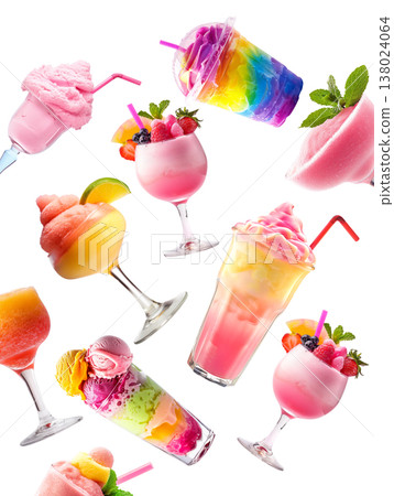 Assorted vibrant frozen beverages sherbet and ice cream isolated on white background, expressing summer refreshment concept 138024064
