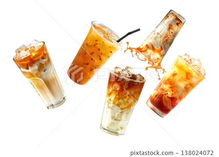 Iced Thai coffee drinks with swirling milk isolated on white background, concept of freshness 138024072