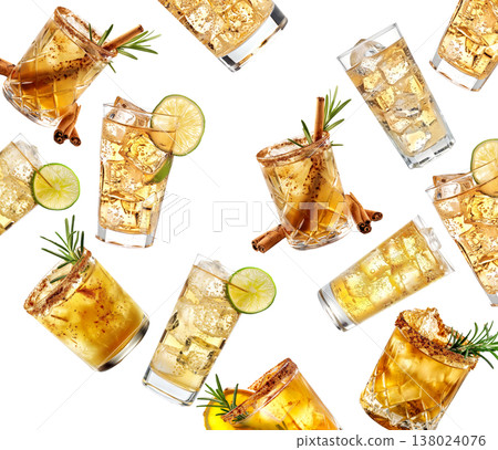 Ginger beer cocktail garnished with rosemary and chili powder in a glass isolated on white transparent background 138024076