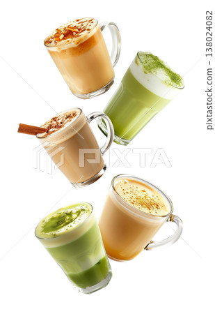 Various latte and matcha beverages arranged in scattered style isolated on white background, concept refreshment drinks Various latte and matcha beverages arranged in scattered style isolated on white background, concept refreshment drinks 138024082