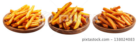 Set of Kumara sweet potato fries with black pepper and herbs on wooden plate, on white, concept of New Zealand fast food snack Set of Kumara sweet potato fries with black pepper and herbs on wooden plate, on white, concept of New Zealand fast food snack 138024083