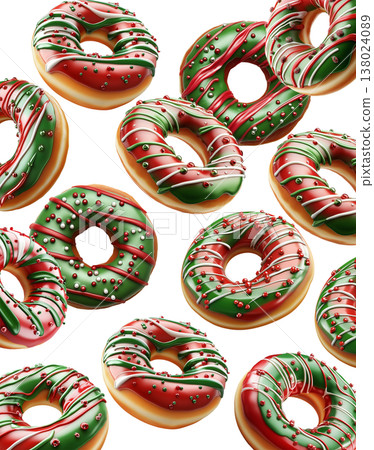Festive donuts with red and green icing, decorated with sprinkles, seamless pattern style isolated on white background Festive donuts with red and green icing, decorated with sprinkles, seamless pattern style isolated on white background 138024089