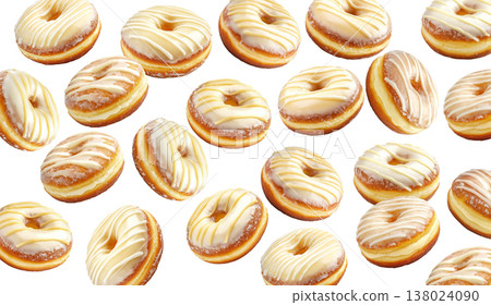 Delicious glazed donuts with white icing stripes scattered in pattern, isolated on white background, concept of dessert variety Delicious glazed donuts with white icing stripes scattered in pattern, isolated on white background, concept of dessert variety 138024090