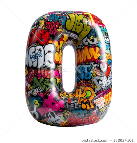 Inflatable letter O covered in graffiti art isolated on white background, representing urban creativity and bold street concept 138024101