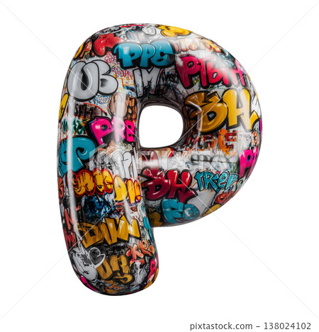 Inflatable letter P covered in graffiti art isolated on white background, representing urban creativity and bold street concept 138024102