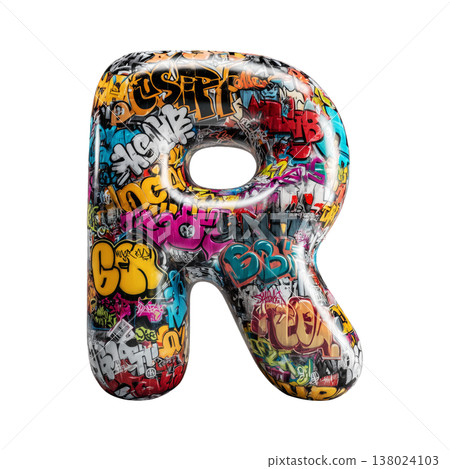 Inflatable letter R covered in graffiti art isolated on white background, representing urban creativity and bold street concept 138024103