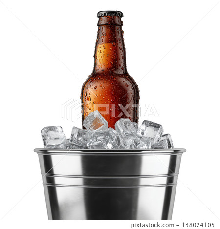 Set of cold beer bottles in a shiny metal bucket with ice cubes isolated on white background, concept refreshment Set of cold beer bottles in a shiny metal bucket with ice cubes isolated on white background, concept refreshment 138024105