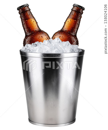 Set of cold beer bottles in a shiny metal bucket with ice cubes isolated on white background, concept refreshment Set of cold beer bottles in a shiny metal bucket with ice cubes isolated on white background, concept refreshment 138024106