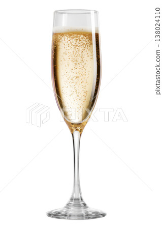 Closeup of champagne flute with golden bubbles isolated on white background symbolizing celebration and elegance Closeup of champagne flute with golden bubbles isolated on white background symbolizing celebration and elegance 138024110