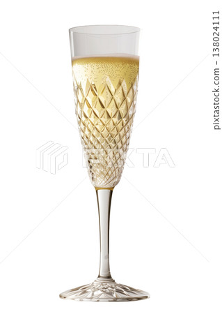 A crystal champagne glass flute filled with bubbly golden drink isolated on white background, concept celebration A crystal champagne glass flute filled with bubbly golden drink isolated on white background, concept celebration 138024111