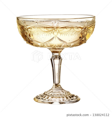 Crystal champagne coupe with golden bubbly drink isolated on white background, concept of celebration and elegance Crystal champagne coupe with golden bubbly drink isolated on white background, concept of celebration and elegance 138024112