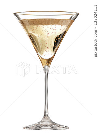 A filled champagne glass with golden bubbles isolated on white background, concept of celebration and elegance A filled champagne glass with golden bubbles isolated on white background, concept of celebration and elegance 138024113