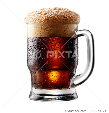 Mug of amber beer with foam head isolated on a white background, conveying refreshment and enjoyment 138024121