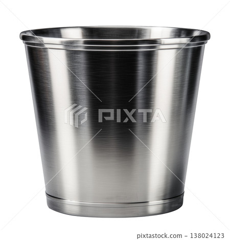 Stainless steel bucket isolated on white background, representing cleanliness, utility, simplicity and household function 138024123