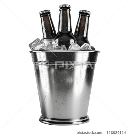 Metal bucket filled with cold drink bottles and ice, isolated on white background, symbolizing refreshment chill 138024124