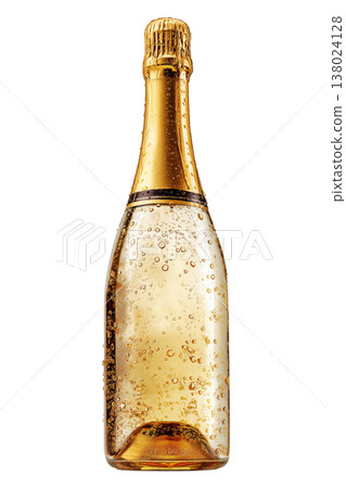 Chilled drink in champagne bottle with droplets and gold foil isolated on white background showing refreshment concept idea Chilled drink in champagne bottle with droplets and gold foil isolated on white background showing refreshment concept idea 138024128