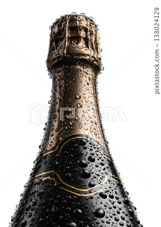 Black champagne bottle with gold foil water drop isolated on white background, concept of festive celebration event Black champagne bottle with gold foil water drop isolated on white background, concept of festive celebration event 138024129