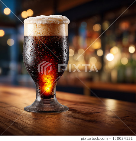 Foamy amber beer in a pint glass, on a rustic wooden bar background, conveying a concept of refreshment Foamy amber beer in a pint glass, on a rustic wooden bar background, conveying a concept of refreshment 138024131