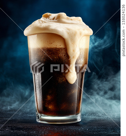 Frothy stout beer tall glass on a dark background, representing refreshment and rich beverage appeal Frothy stout beer tall glass on a dark background, representing refreshment and rich beverage appeal 138024136