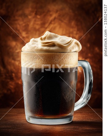 Frothy stout beer tall glass on a dark background, representing refreshment and rich beverage appeal Frothy stout beer tall glass on a dark background, representing refreshment and rich beverage appeal 138024137