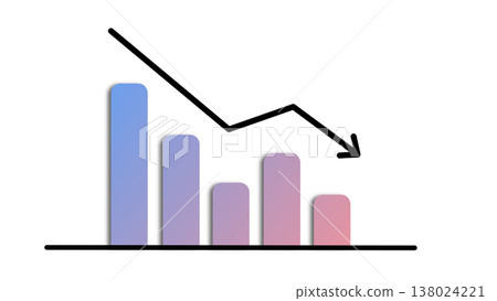 A downward-sloping bar graph with a downward arrow: an image of declining sales and decreased performance (pink-purple gradient). A downward-sloping bar graph with a downward arrow: an image of declining sales and decreased performance (pink-purple gradient). 138024221