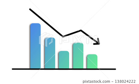 A downward-sloping bar graph with a downward arrow represents deteriorating business performance and declining sales (blue gradient). A downward-sloping bar graph with a downward arrow represents deteriorating business performance and declining sales (blue gradient). 138024222