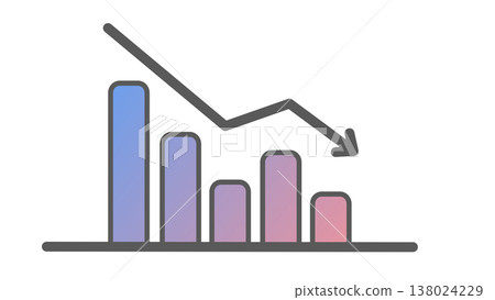 A downward-sloping bar graph with a downward arrow: an image of declining sales and decreased performance (pink-purple gradient). 138024229