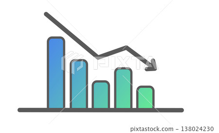 A downward-sloping bar graph with a downward arrow represents deteriorating business performance and declining sales (blue gradient). 138024230